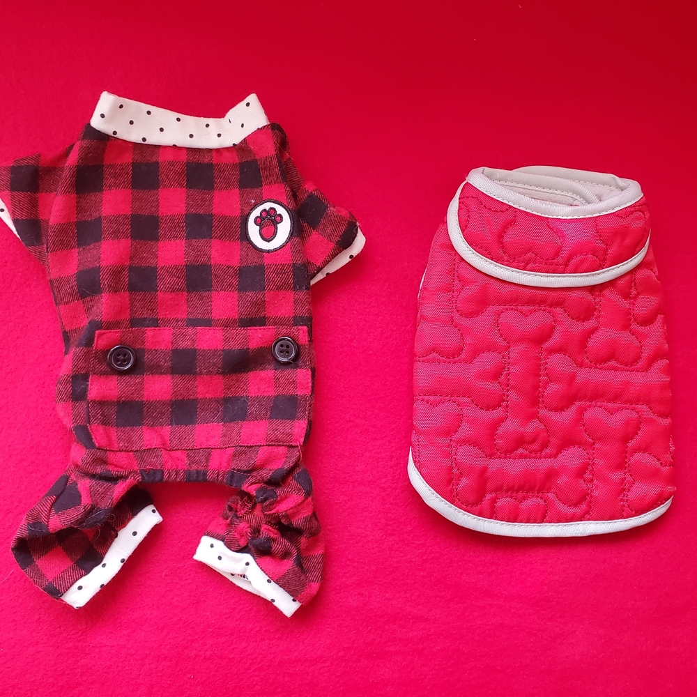 Martha Stewart Red Coat & Red & Black Plaid Onsie For TINY DOG